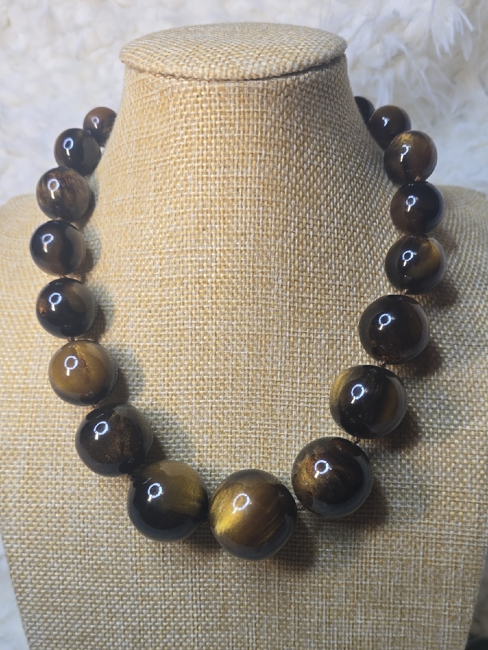 Faux Tiger Eye Lucite/Acrylic Beaded Necklace - Brown and Gold